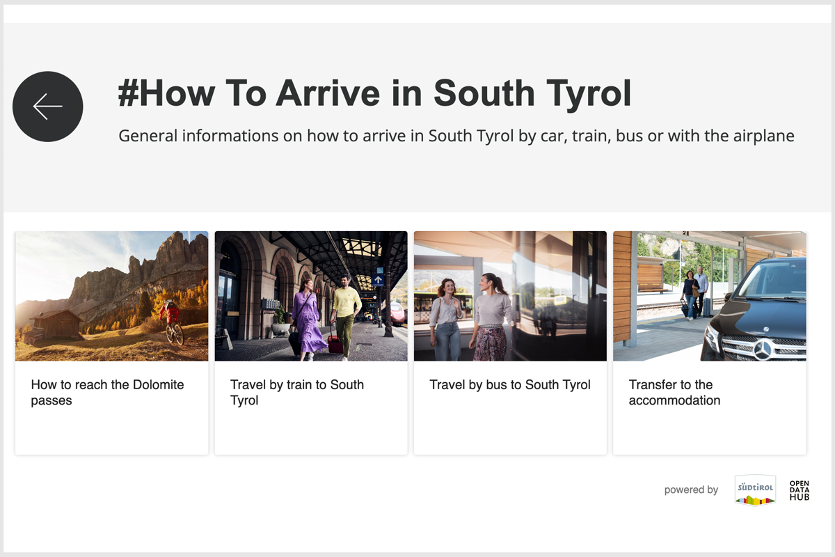 Screen of the “How to Arrive in South Tyrol” web component powered by IDM and Open Data Hub.