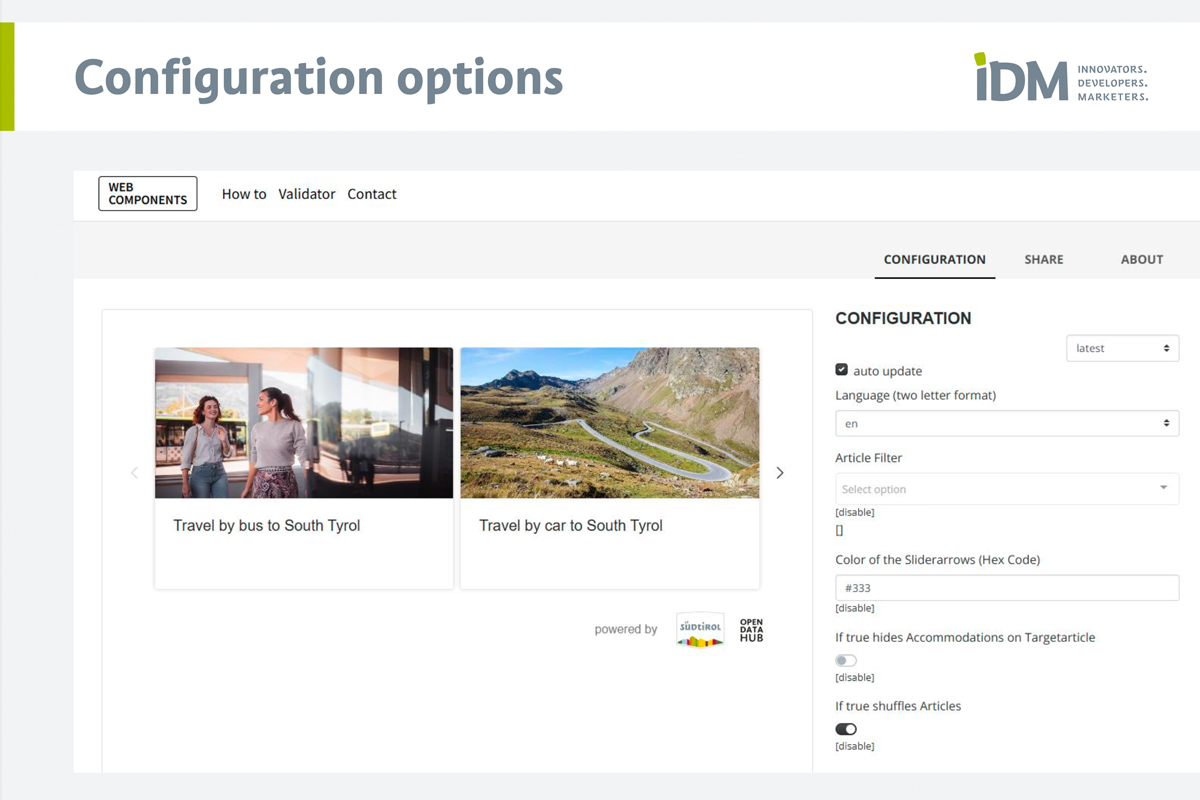 Configuration screen of the “How to Arrive in South Tyrol” web component powered by IDM and Open Data Hub.