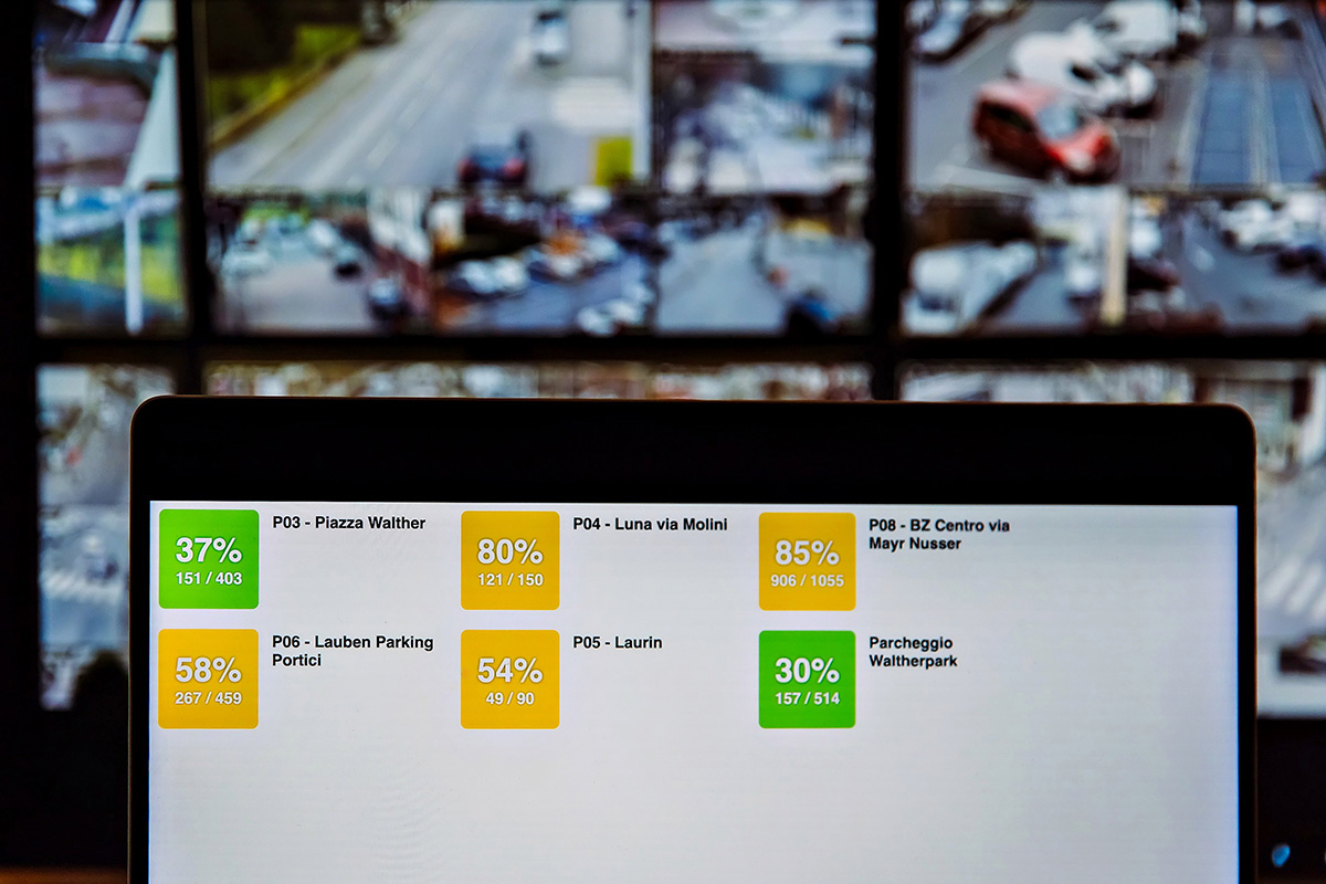 Real-time parking dashboard showing occupancy levels of city car parks.