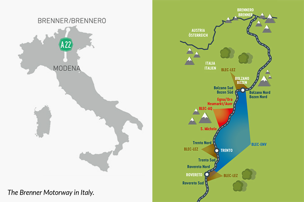 Visualization of BrennerLEC's traffic management strategies on the A22 highway to reduce congestion and emissions.