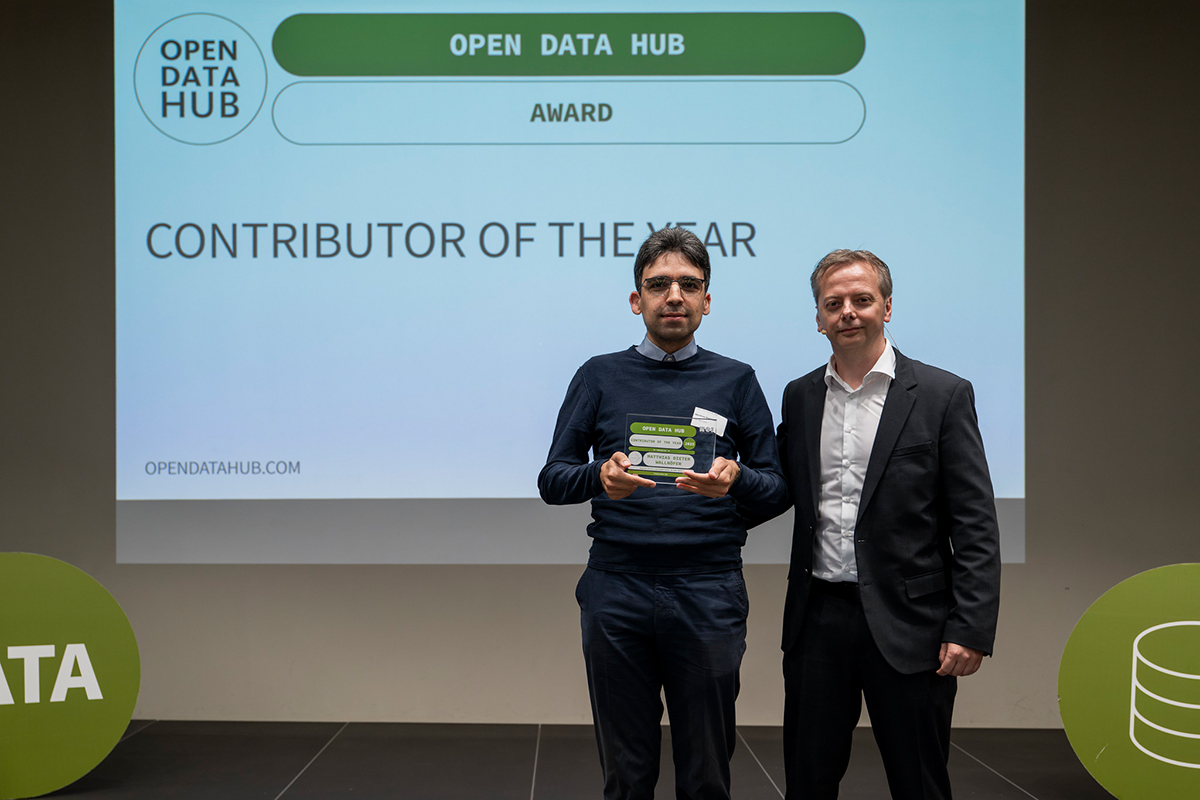 Photograph capturing the Contributor of the Year award ceremony at Open Data Hub Day 2025, recognising outstanding community contributions.