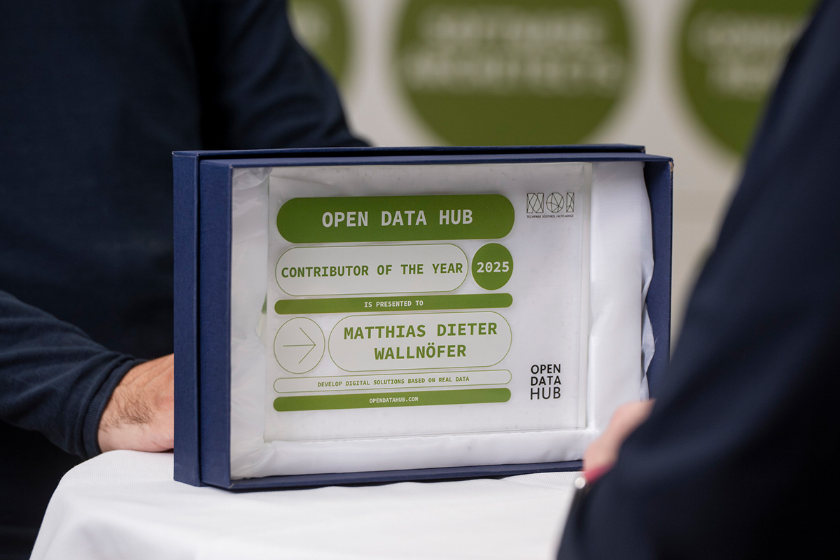 Award plaque of the Open Data Hub Contributor of the Year 2025 presented to Matthias Dieter Wallnöfer for his open source contributions.