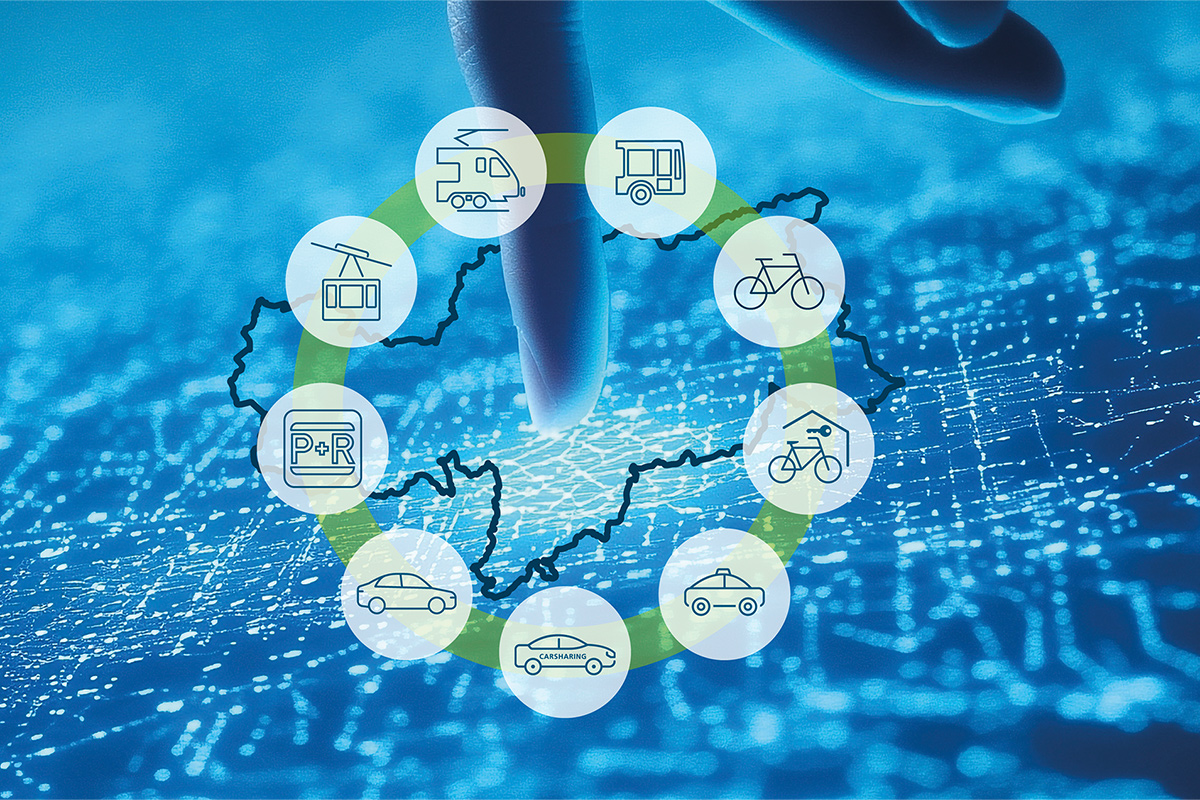 Visual map of multimodal mobility services in MaaS4Italy, featuring bike sharing, car sharing, parking, taxis, buses, and cable cars.