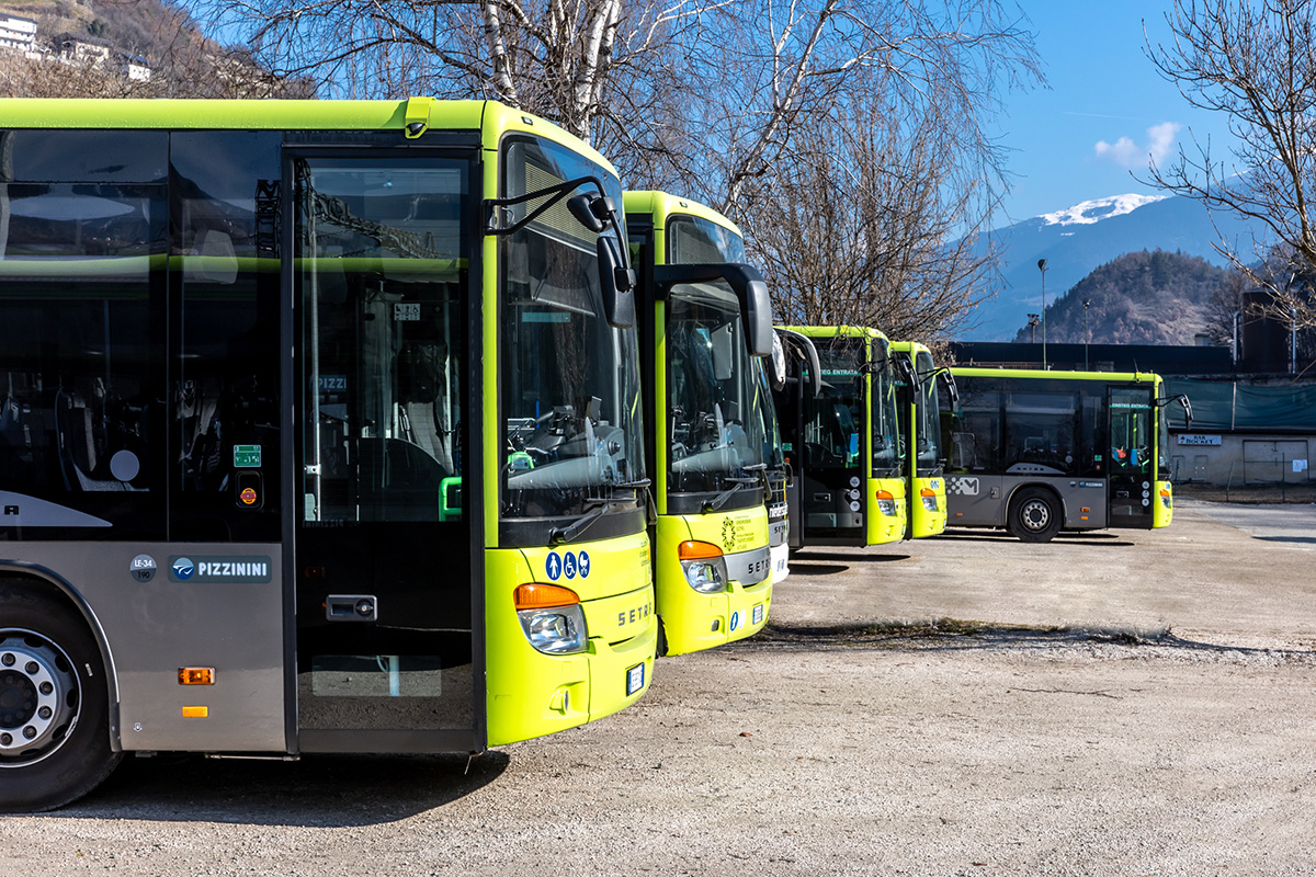 Fleet of regional public transport buses supporting multimodal mobility services within the MaaS4Italy project.