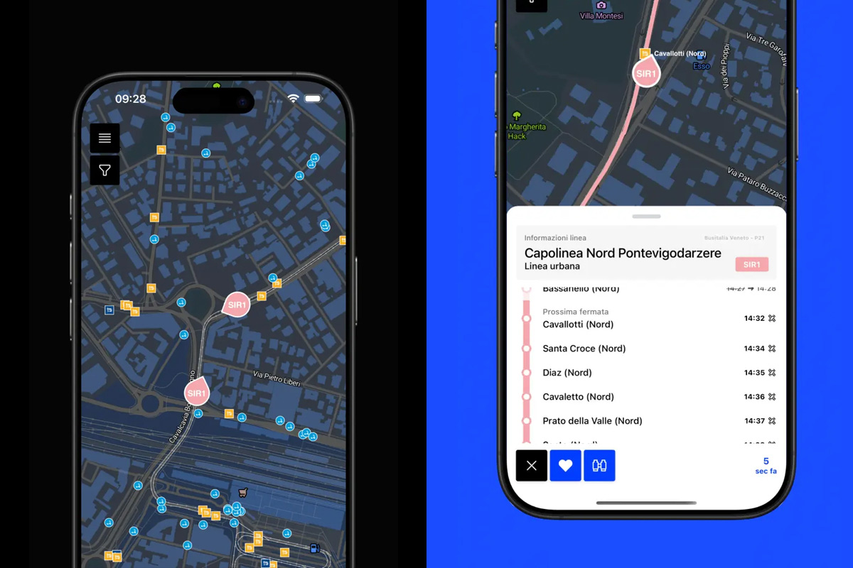 PadoVia mobile map displaying live vehicle positions, public transport stops and timetable information using Open Data Hub data.