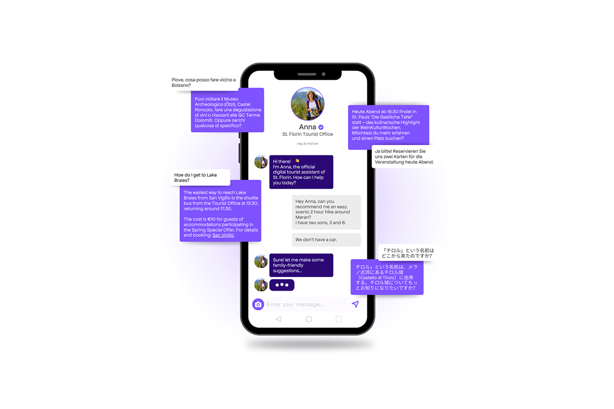 Screenshot of the TOURISTINFO.AI multilingual chatbot on mobile, providing real-time travel assistance and sustainable tourism info via Open Data Hub.